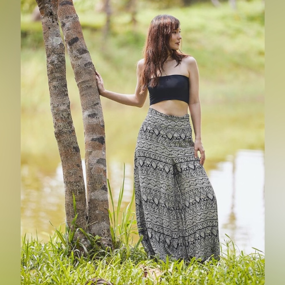 Womens Boho Bohemian Wideleg Patterned Pants Elastic Waistband Size Large